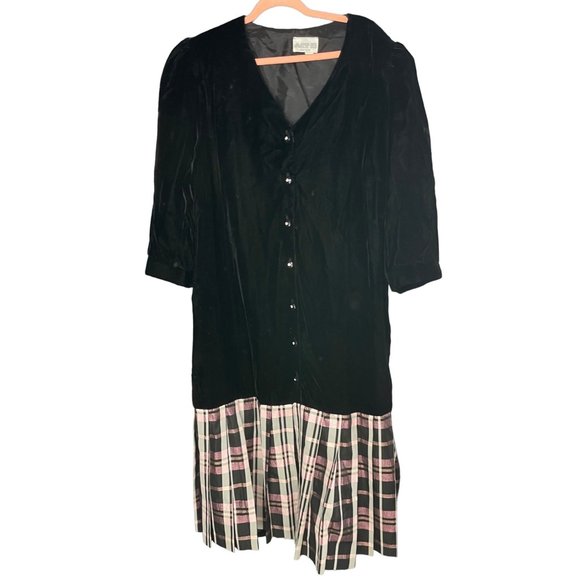 Act Two Women's Size 24 Vintage Black, Pink & Gold Plaid Velvet Dress - Picture 1 of 4